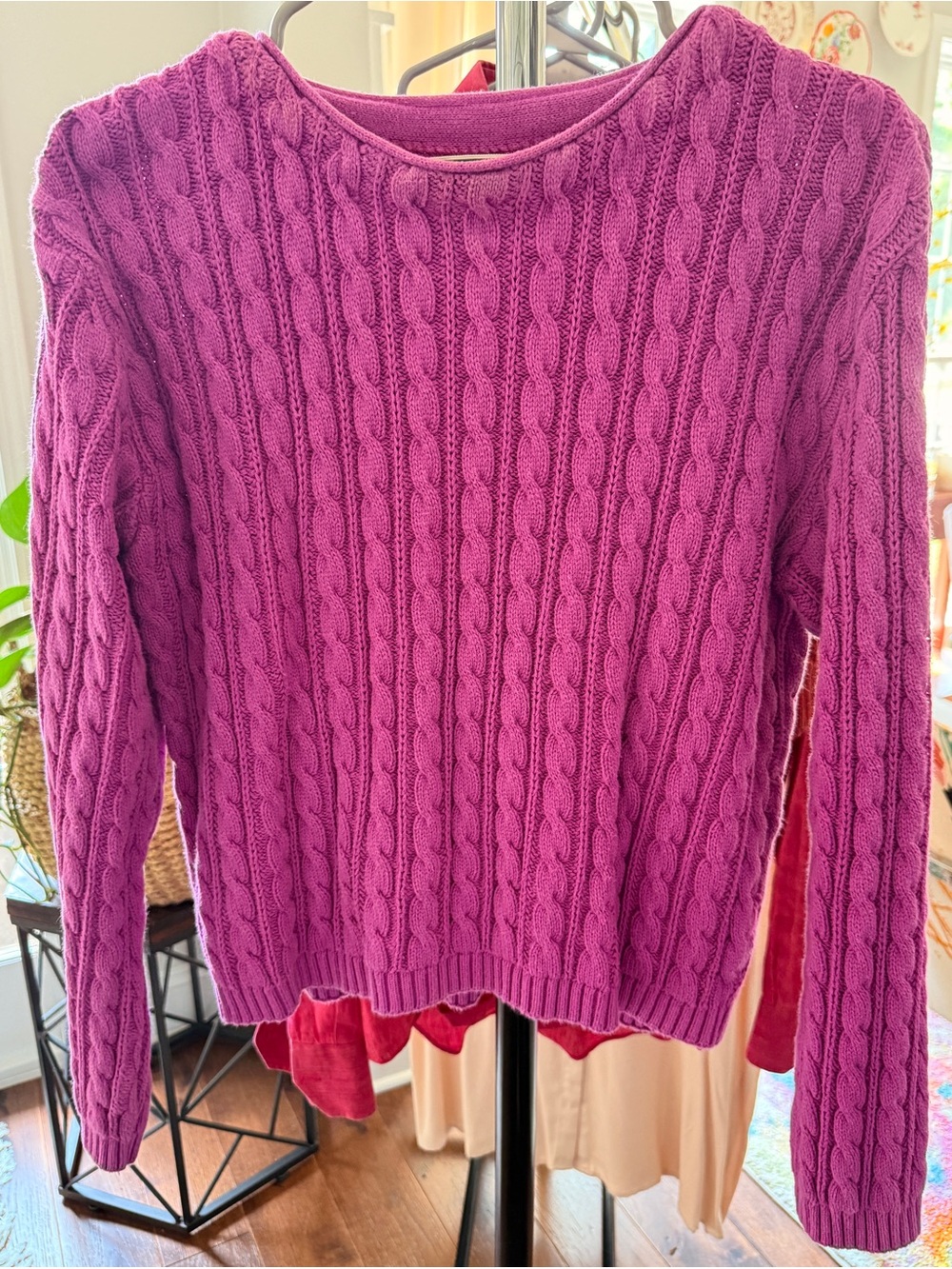 L.L. Bean Vintage Cable Knit Crew Sweater - Bright Magenta